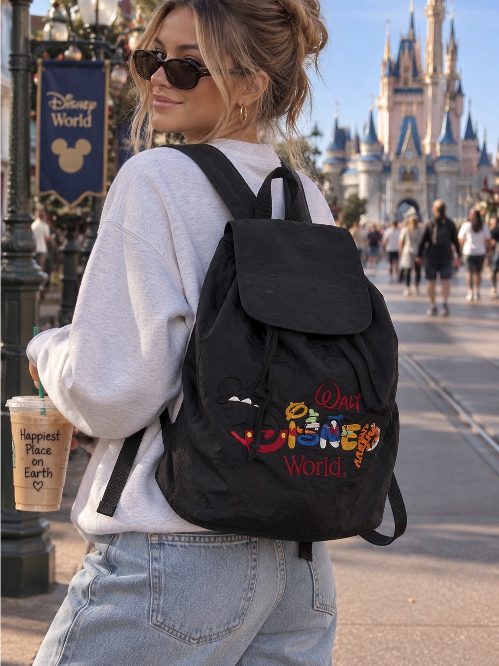Disney Black Embroidered Walt Disney World Drawstring Backpack